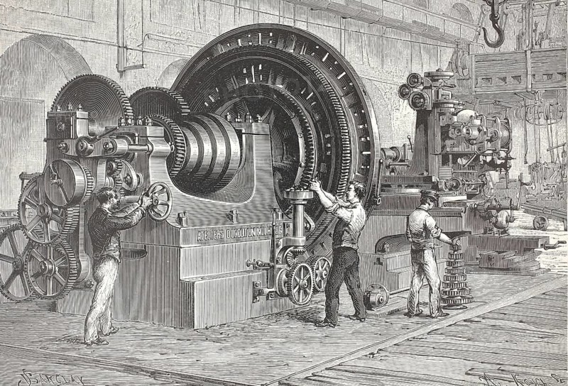 Historic factory building for the construction of machine tools from the late 19th century. The factory building belongs to the Alsatian engineering company Heilmann-Ducommun in Mulhouse, Mulhouse. It shows the production and operation of a huge, industrial large lathe or vertical lathe, on which several factory workers manually make adjustments using gears, cranks and belt drives, France, illustration, reproduction from a model from the 19th authentic, file restored for optimal use, exact date of original unknown, historical