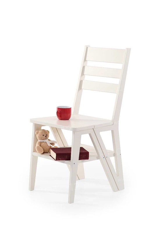 Foldable wooden chair transforming into stepladder on white background