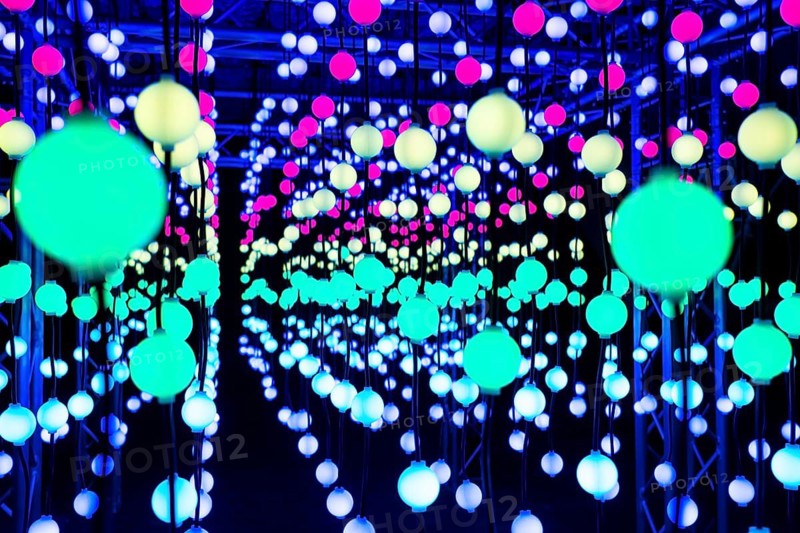Light, glowing balls, LED lamps, hang in series, side by side, on top of each other, change their light color, light installation at park lights in the Grugapark in Essen