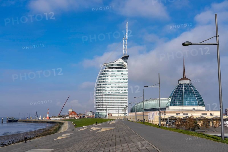 Skyline of Bremerhaven, Atlantic Sail City Hotel skyscraper, Klimahaus, harbour worlds, Weser dyke, Bremen, Germany