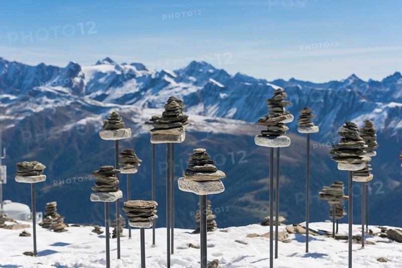 The power place with stone pyramids, esotericism, signs, meditation, art, therapy, peace, energy, spirituality, Eggishorn, Valais, Switzerland