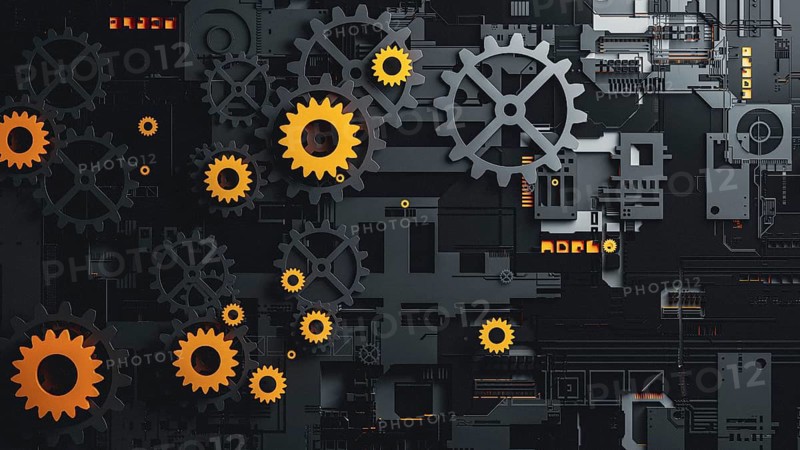 This abstract 3D background features a complex arrangement of gears in black and orange. The texture and pattern create a dynamic visual effect