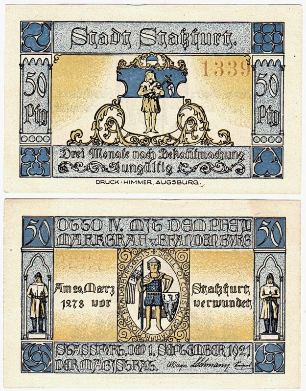 Banknote, emergency money, 50 Pfennig, city of Staßfurt, 1921, Germany, reproduction of a historical banknote