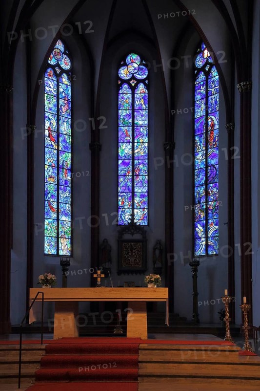 Three blue colorful church windows by Marc Chagall, stained glass, handicrafts, chancel, interior view, St. Stephen, church, Mainz, Rhineland-Palatinate, Germany
