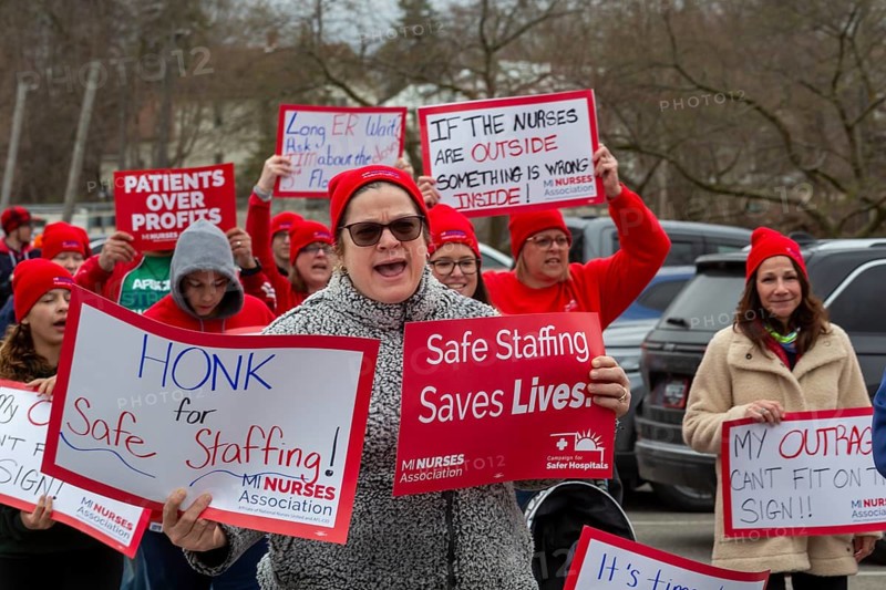Lapeer, Michigan USA - 10 April 2026 - Members of the Michigan Nurses Association rally as their union contract at McLaren Lapeer Region Hospital is about to expire. The rally is part of MNA's 'Week of Action' for fair contracts at unionized hospitals in Michigan
