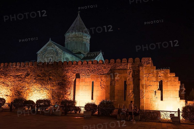 MCCHETA, GEORGIA - AUGUST 16, 2023: Cathedral Svetitskhoveli (Sweti Cchoweli) at night