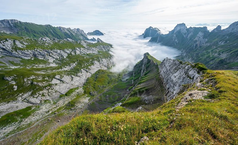 View of mountain peaks above the sea of clouds, Säntis mountains and valley of Meglisalp, high fog, Appenzell Ausserrhoden, Appenzell Alps, Switzerland