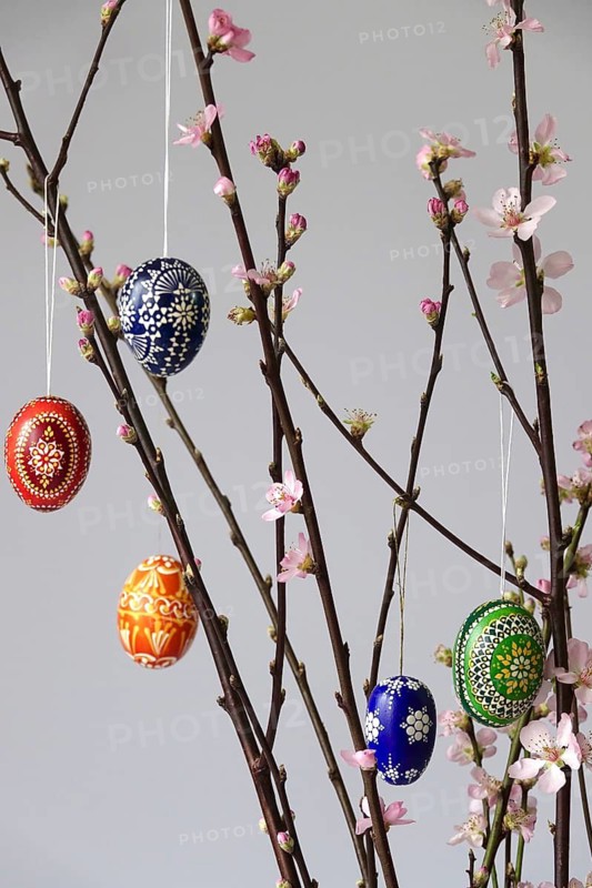 Blooming branches of a peach tree in a vase decorated with Easter eggs, spring, Germany