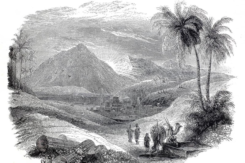The valley of Ajjalon is the place where Joshua, as he pursued the Amorites, asked that the sun and moon be still, near Ramla, between Tel Aviv and Jerusalem, 1890, illustration, reproduction from a 19th-century model. Authentic, file restored for optimal use, exact date of submission unknown, historical