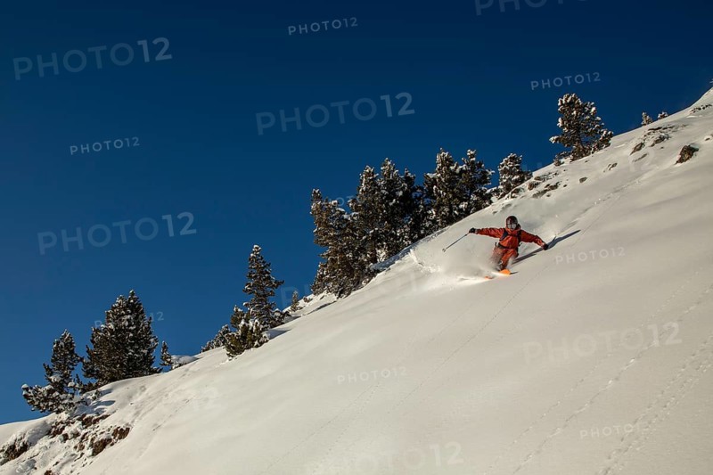 A skier in vibrant gear carves through fresh powder on a steep mountain slope under a clear blue sky, surrounded by evergreen trees, capturing the thrill of freeride skiing