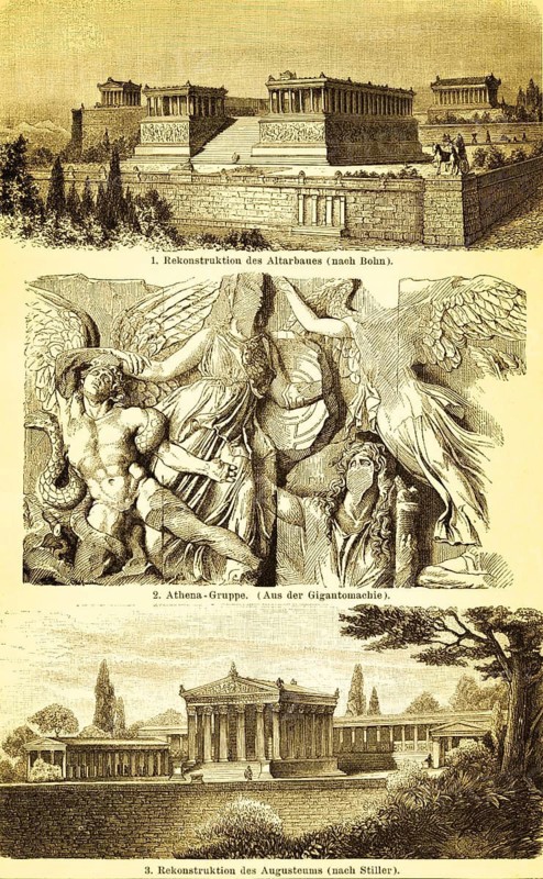 Excavations of Pergamon, ancient Greek city founding in present-day Turkey, reconstruction of the altar building and Augusteum, Athena group, Gigantomachia frieze, battle of the goddess Athena against the giant Alkyoneus, goddess of victory Nike, temple complex, sanctuary, column architecture, snake, wing, legend, archeology, architecture, lettering, Asia Minor, historical illustration 1885