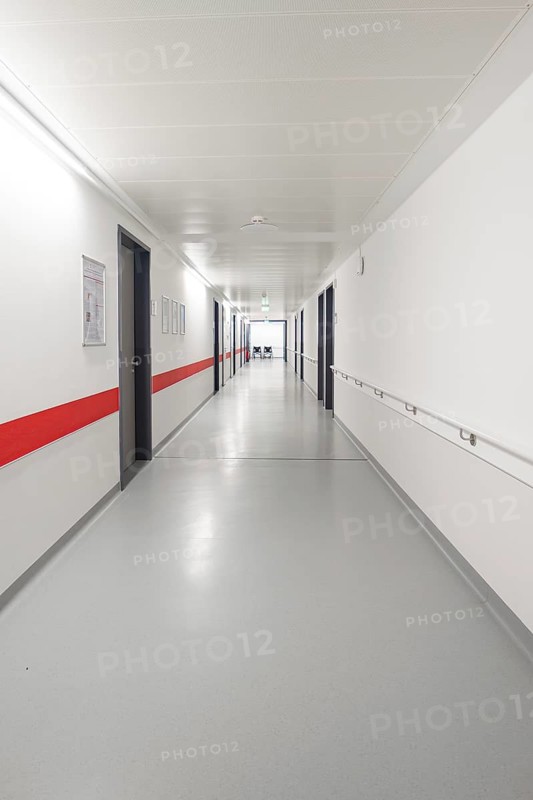 Long hospital corridor with white walls and a red line, Nagold Hospital of the Southwest Clinic Network, Calw District, Germany