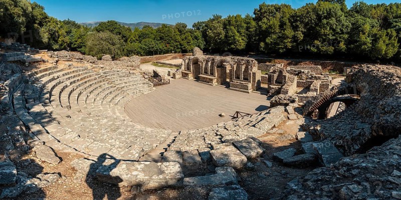 Panoramic in the theater and amphitheater in the archaeological ruins of Butrint or Butrinto National Park in Albania