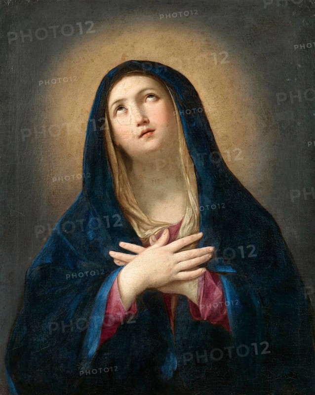 Painting, Reproduction of the painting, Work of art, Historical, Guido Reni, called il Guido or il divino Guido (born 4 November 1575 in Bologna, died 18 August 1642) Italian painter, fresco artist and etcher of the Bolognese school, main representative of a baroque classicism in painting, here the work:, The Madonna in prayer, Young woman with halo in blue robe, hands folded, looking heavenwards