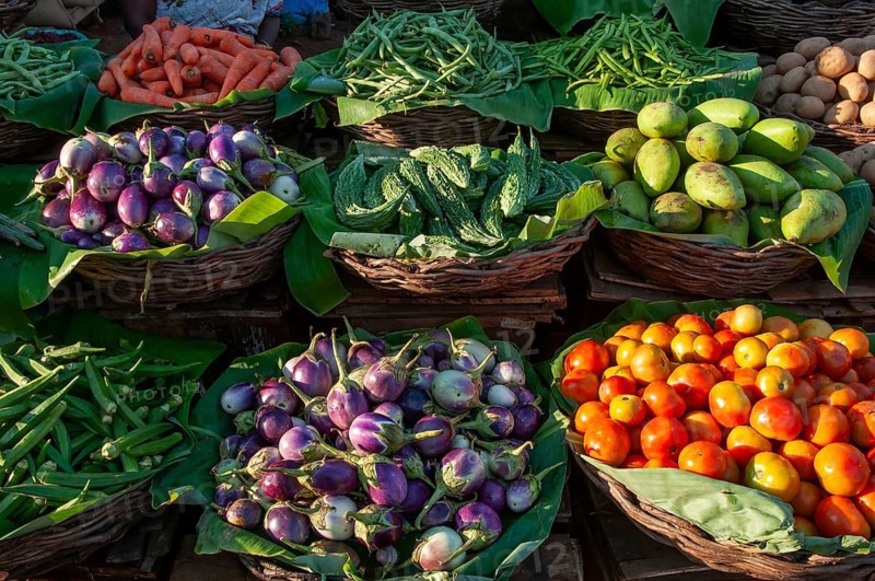 Different types of vegetables in woven baskets, market, Tamil Nadu, South India, India