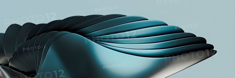 Abstract digital artwork in 3D featuring smooth curves and flowing lines in soft metallic blue and green hues, creating a calming and modern aesthetic against a pale background