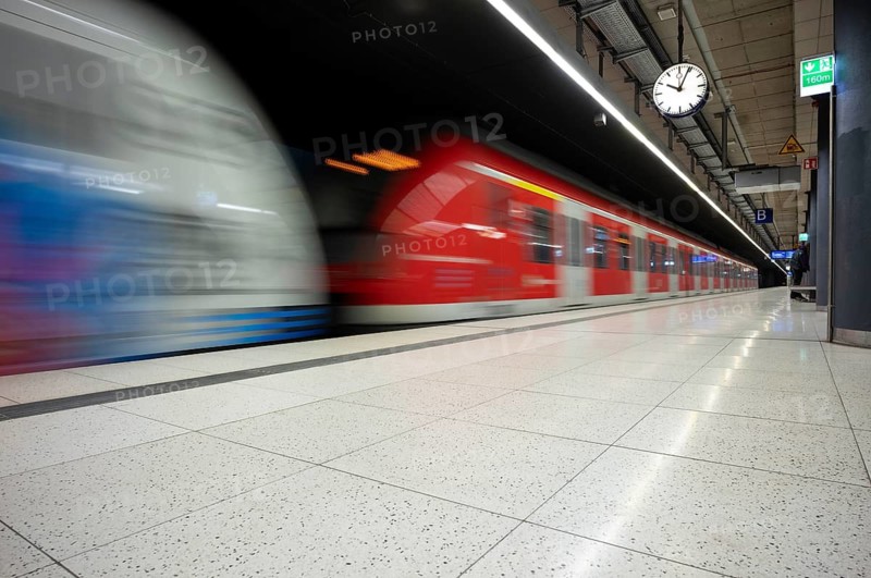 Underground incoming S-Bahn, train, class 420 in traffic red and generation 2026, platform, stop, Feuersee station, public transport, movement effect, VVS, Stuttgart, Baden-Württemberg, Germany