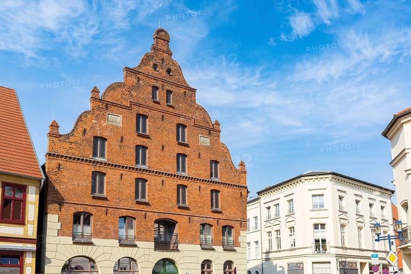 Gabled house on the old market square, Parchim, Mecklenburg-Western Pomerania, Germany