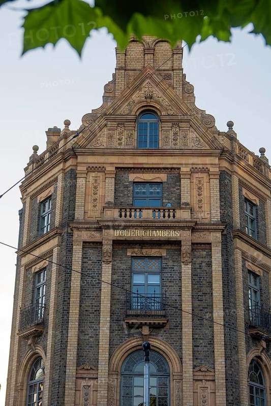 Historic building with rich brick architecture and decorative elements surrounded by green leaves, Dublin, Ireland