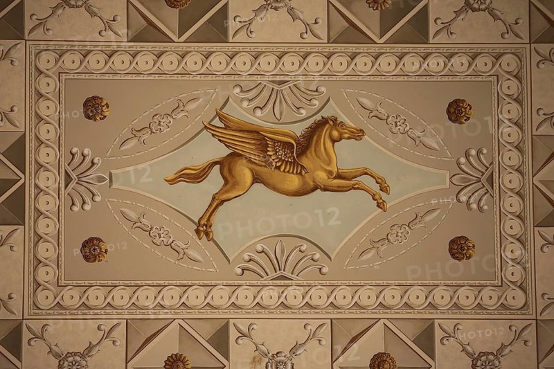 Ceiling painting with pegasus and ornaments, arts and crafts, UNESCO Roman House, Ilmpark, Weimar, Thuringia, Germany