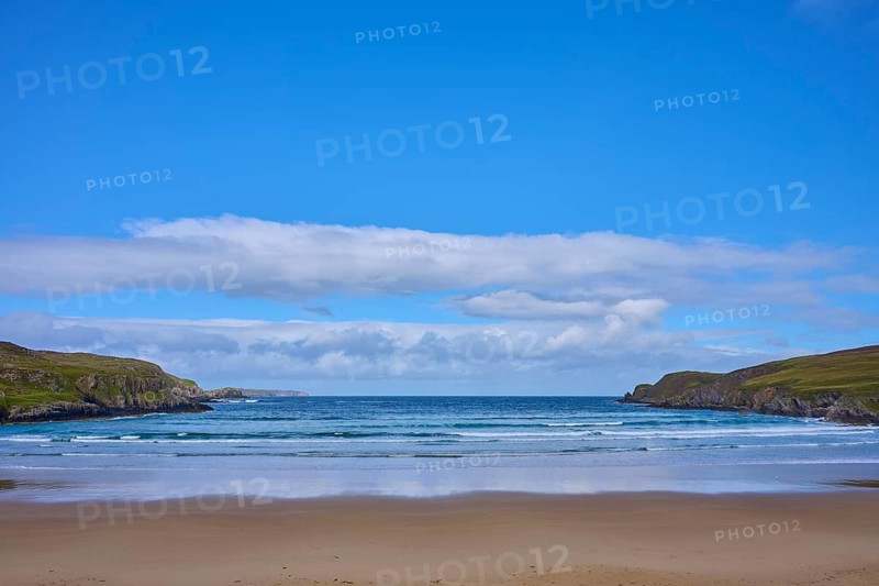 A wide, open beach offers views of calm seas and blue skies, Farr Bay, Bettyhill, Thurso, Scotland, United Kingdom, United Kingdom