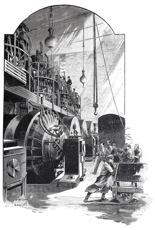 Manufacture of dynamo machines at Berliner Elektrizitätswerke, 1890, Germany, illustration, reproduction from a model from the 19th century. Authentic, file restored for optimal use, exact date of submission unknown, historical