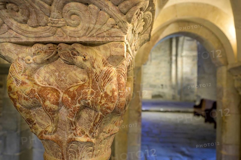Detail of a Romanesque column of the gallery, Prieuré de Serrabone, Boule-d'Amont, Département Pyrénées-Oriental, France