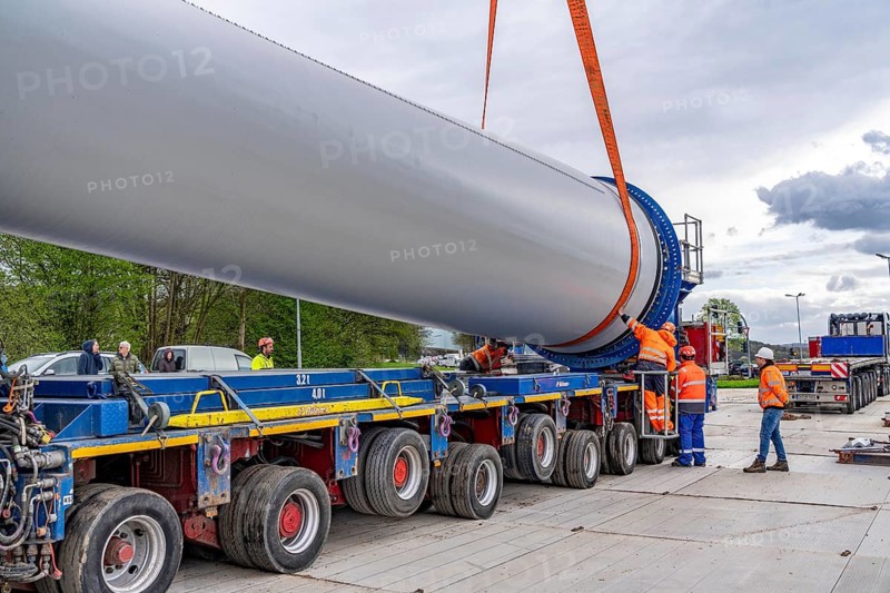 Preparation for the transport of a 68 metre long blade, a wind turbine, with a self-propelled Blade-Lifter vehicle, over a 40 km long route in the Bergisches Land, through towns, villages, over country roads, narrow through roads, to the construction site of the wind turbine near Hagen, North Rhine-Westphalia, Germany