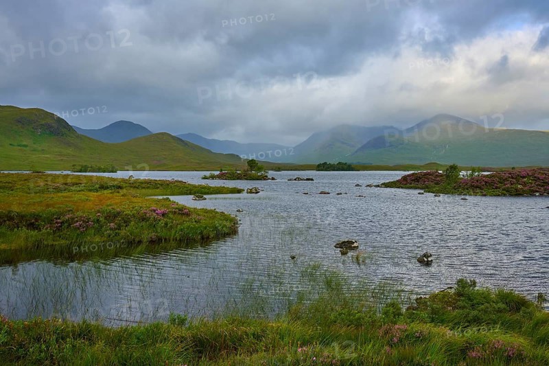 Lake with mountains and cloudy sky, quiet and peaceful landscape, Rannoch Moor, Bridge of Orchy, Scotland, United Kingdom, Great Britain