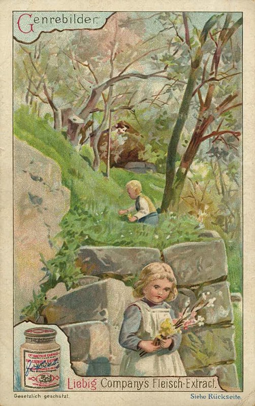 Picture series genre paintings, a rural scene with children, country children, picking flowers, picture of love, digitally restored reproduction of a collector's painting from around 1900, exact date unknown