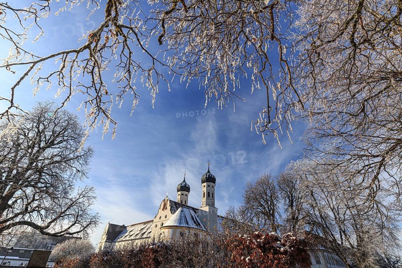 Trees in hoarfrost, sunny, monastery, church, Benediktbeuern Monastery, Bavaria, Germany