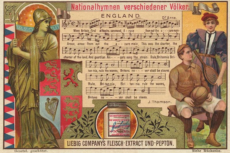 Picture series National anthems of different nations, England, Liebig picture, digitally restored reproduction of a collector's picture from ca 1900, public domain, exact date unknown, depiction of the English national anthem with a British queen figure and a musician