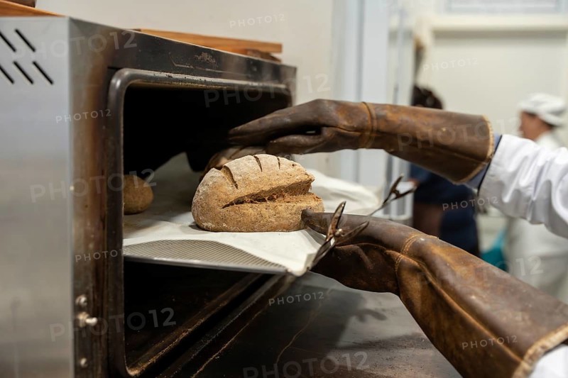 Professional baker's gloved hands sliding a tray of freshly scored artisan bread loaves into a hot commercial oven in a busy bakery for baking and production