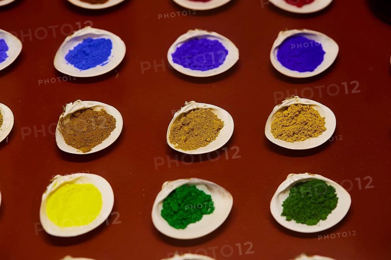 Pigments divided into shells in various bright colours, Museum of Icon Painting, Thari Monastery, Moni Thari, near Gadouras Reservoir, lonely mountain region, Rhodes, Dodecanese, Greek Islands, Greece