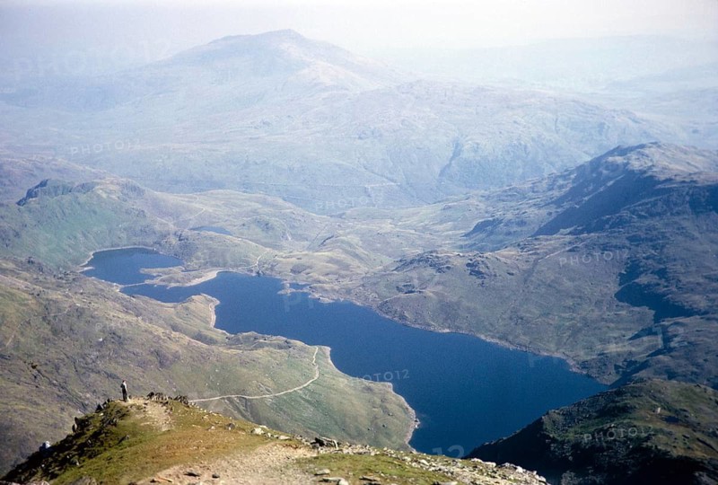View of Lake Llyn Llydaw from the summit of Mount Snowdon, Snowdonia, North Wales, UK 1966