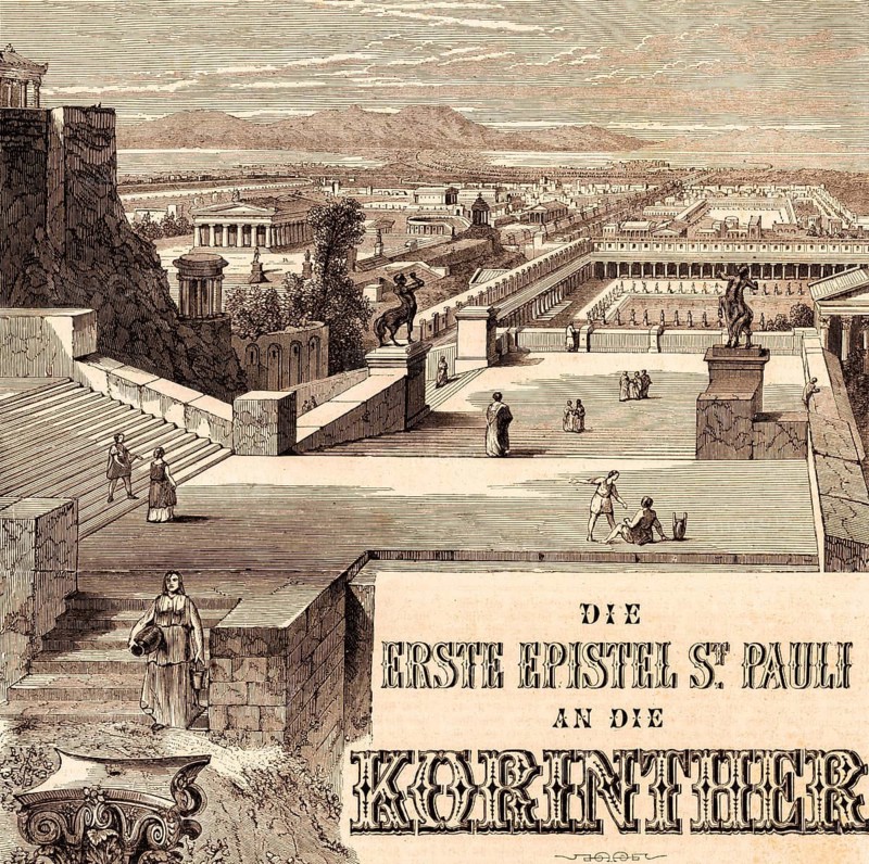 City of Corinth in the Roman province of Achaia, Greece, epistle Paul to the Corinthians, New Testament, letter, Peloponnese, isthmus, temple of Minerva, Agora, forum, marketplace, colonnade, mountain landscape, people, title, Bible, historical illustration 1850