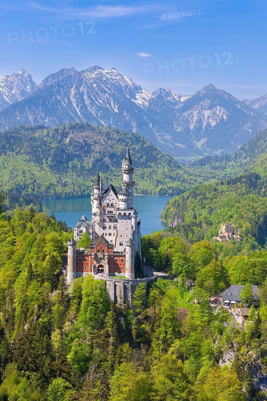 Neuschwanstein Castle with lake and mountains, surrounded by lush vegetation, Schwangau, Ostallgäu, Allgäu, Swabia, Upper Bavaria, Bavaria, Germany
