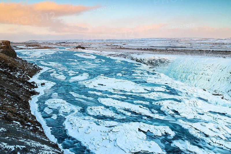 Gullfoss, Hvítá river waterfall, ice, frost, snow, winter, sunset, Haukadalur, Iceland, Scandinavia