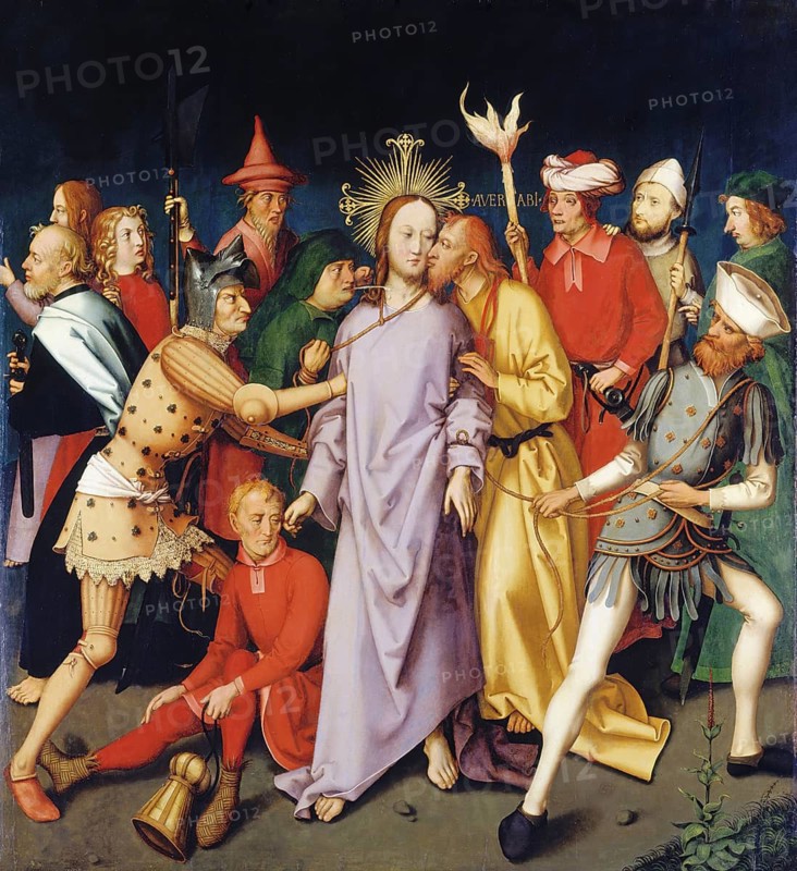 Picture shows the capture of Christ, an important event in Christianity, in which Judas Iscariot betrays Jesus Christ with a kiss to soldiers, authentic reproduction of a work of art, painting, drawing by Hans Holbein the Elder (born 1465 in Augsburg, died 1524 in Basel or Isenheim), German Renaissance painter, historical
