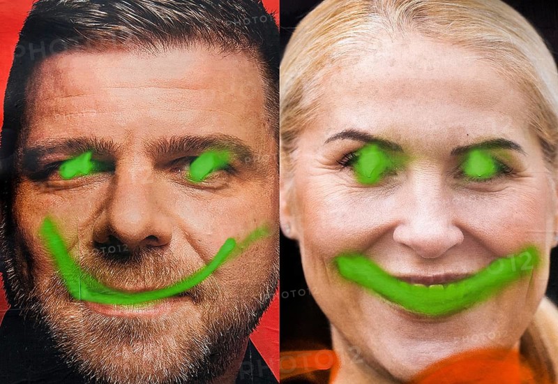 Denigration of two large posters for the Bundestag elections with portraits of Axel Echeverria and Katja Strauss-Köster, Witten, Germany