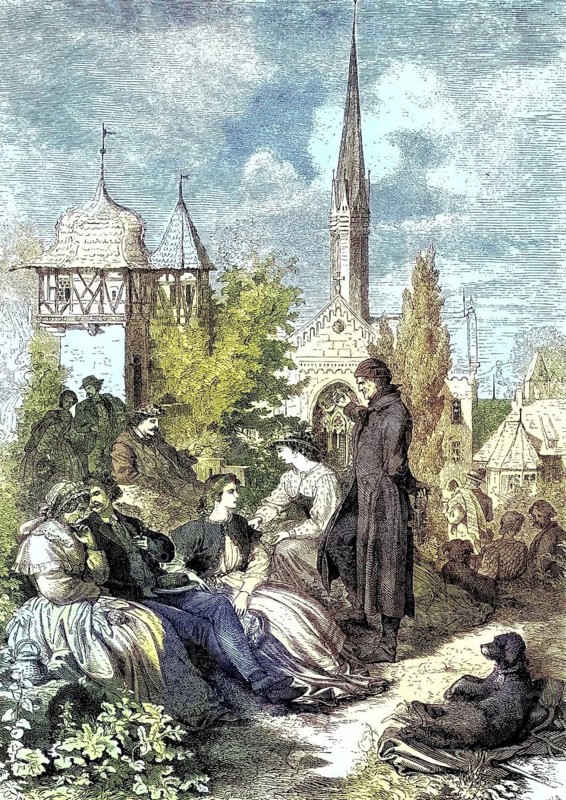Maulbronn Monastery, Baden-Württemberg, Germany, coloured woodcut from 1864, A group of people gather in a garden in front of a church