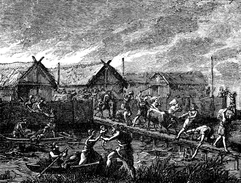 Escape from the burning prehistoric pile dwellings, pile village with wooden houses and thatched roof, inhabitants flee from the fire over wooden footbridge to the mainland, belongings on their backs, cattle, wooden boats, people, history of mankind, historical illustration 1880