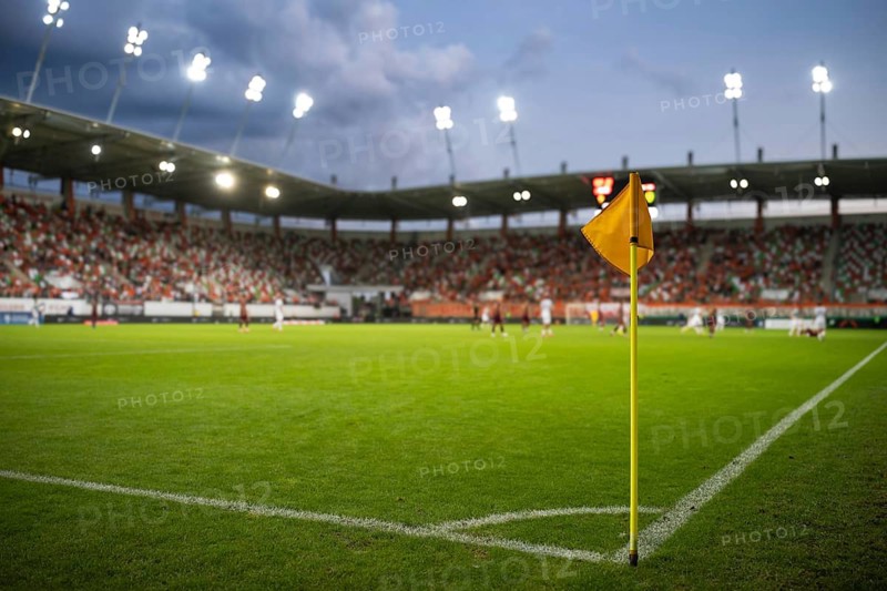 Corner of the football field during the game in Lubin, Poland