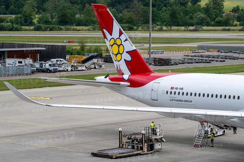 Edelweiss Airbus A350-941 tail fin aircraft, HB-IHB, Zurich Kloten, Switzerland