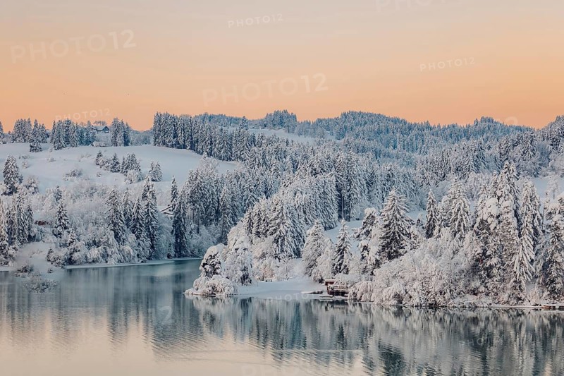 Dawn and sunrise at the wintry Forggensee in a snow-covered winter landscape in the foothills of the Alps in the Allgäu in Bavaria, Germany