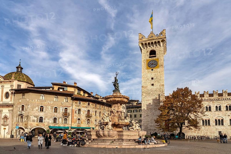Piazza del Duomo with Palazzo Pretorio and the Neptune Fountain Trento, Trentino, Italy