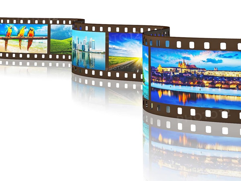 Global travel world countries concept, photo film with travel images with reflection on white background
