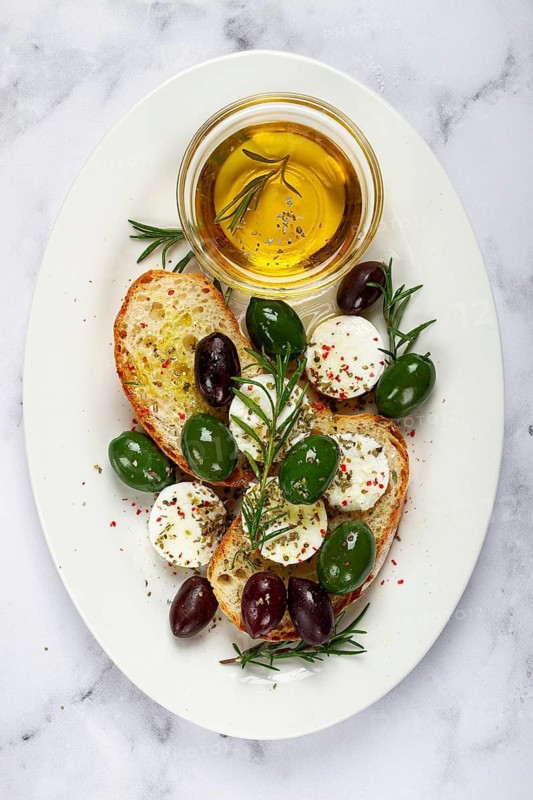 A plate with a snack, ciabatta bread with cheese and olives, olive oil, spices and herbs, top view, no people