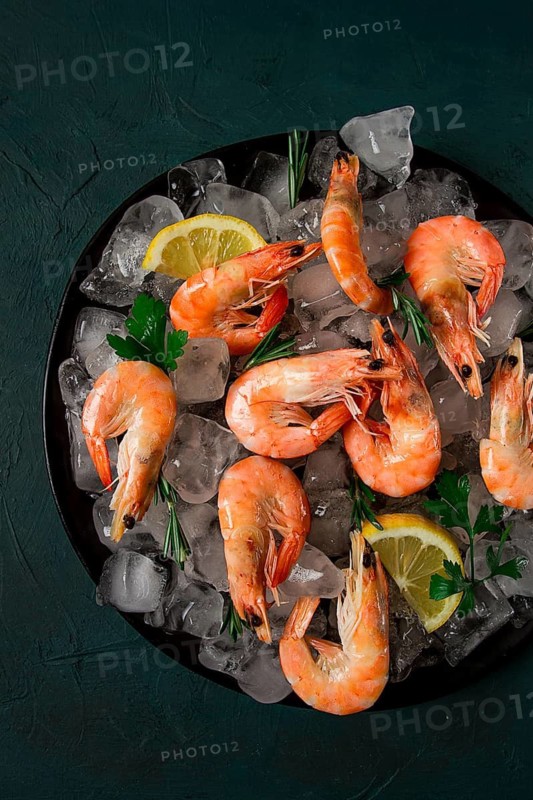 King shrimps, undivided, boiled-frozen, on ice, top view, selective focus, no people