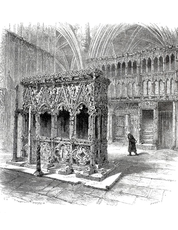 St. Alan's tomb. St Alban Cathedral and Abbey Church is the oldest site of continuous Christian worship in Britain. It stands over the place where Alban, the first martyr, was buried after his death for the faith over 1700 years ago, illustration, reproduction from a 19th-century model. Authentic, file restored for optimal use, exact date of submission unknown, historical